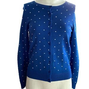 Vintage Sears blue with white polka dot cardigan sweater size medium. 0554